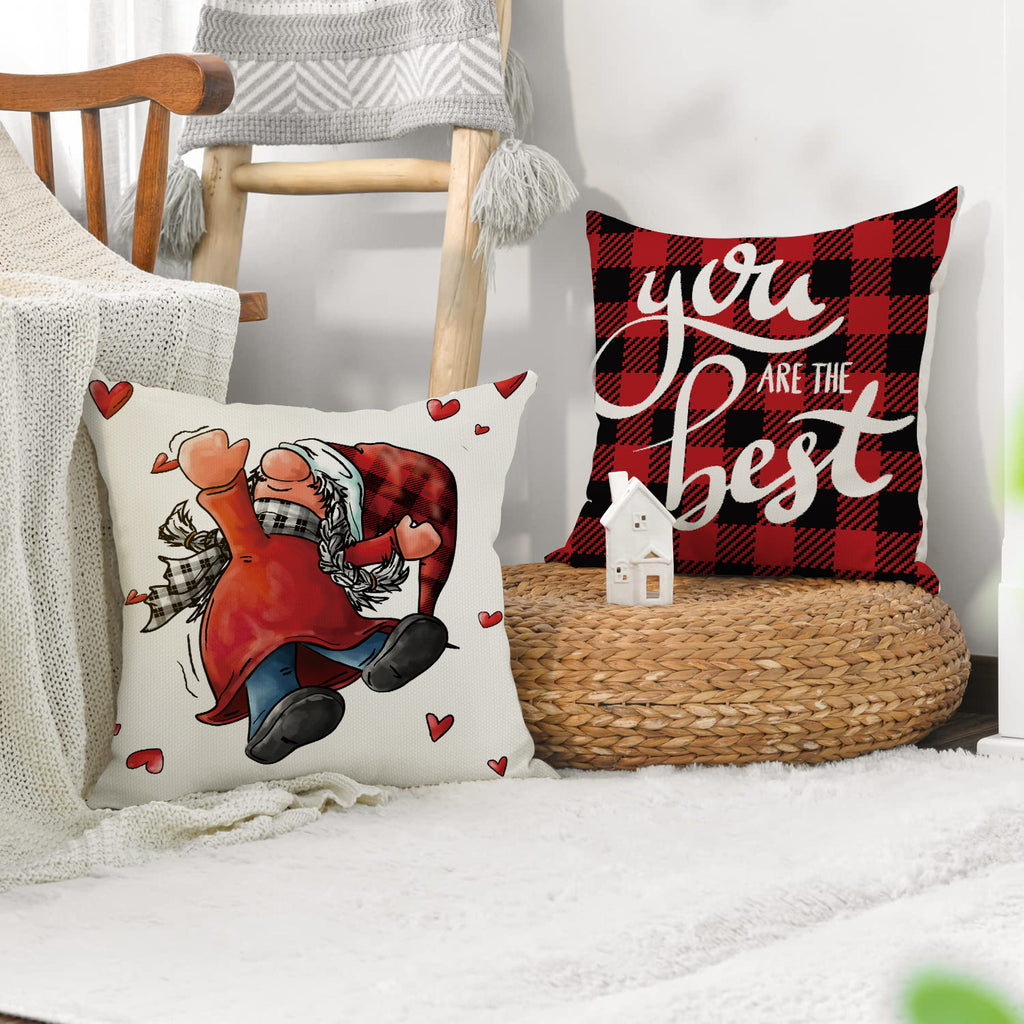 Valentine Gnome Throw Pillow Cover with Plaid Heart Print