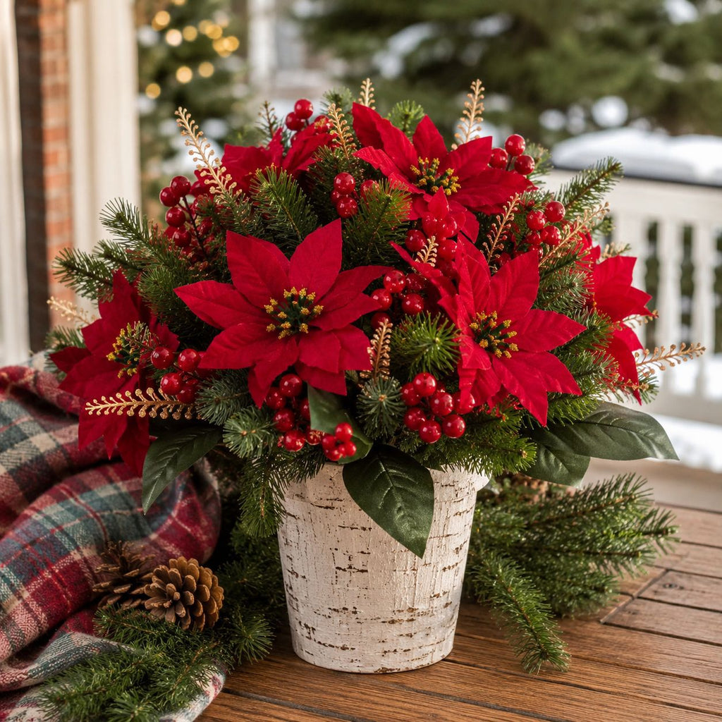 Artificial Poinsettia Christmas Flower Arrangement with Pine Berry Accents