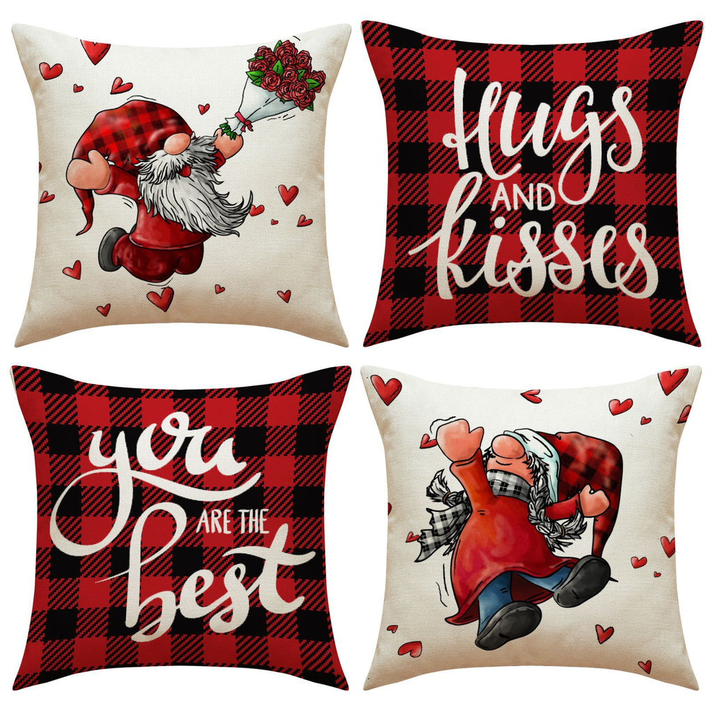 Valentine Gnome Throw Pillow Cover with Plaid Heart Print