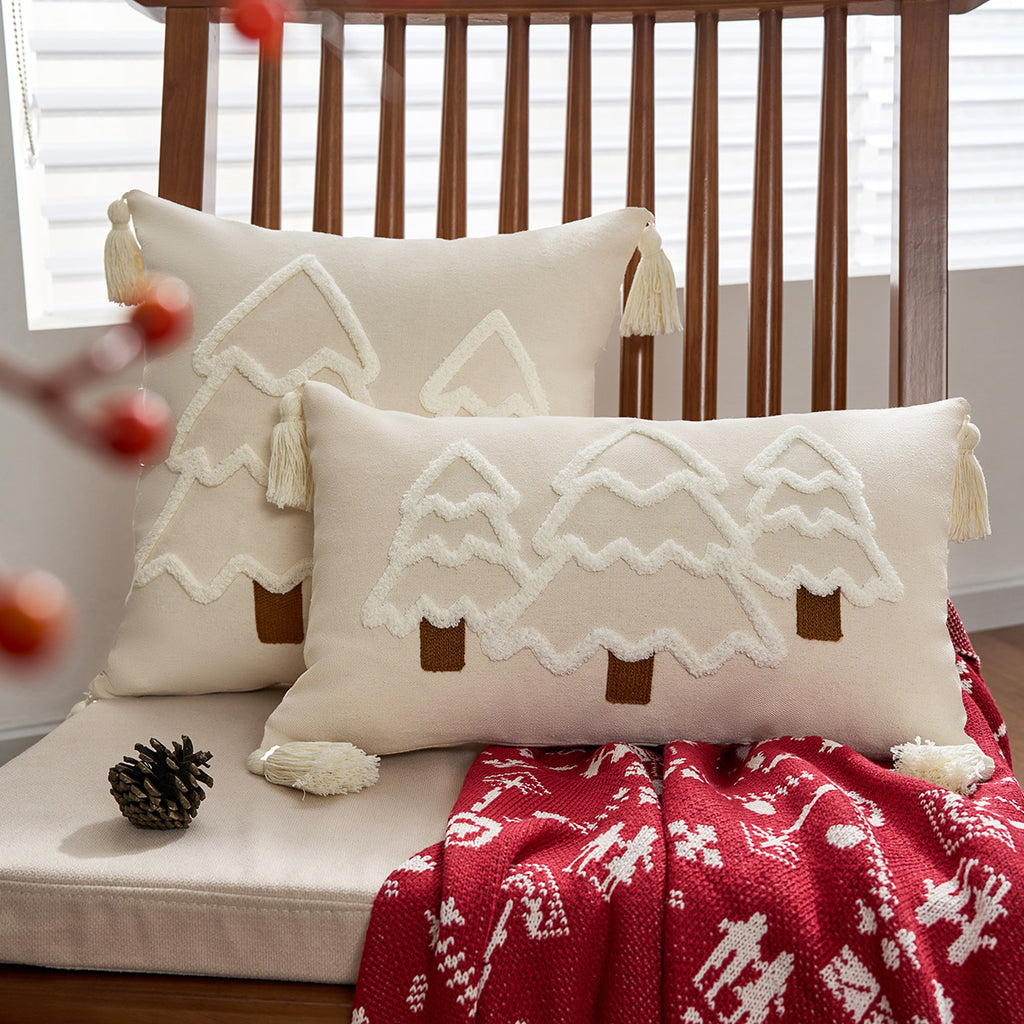 Embroidered Christmas Tree Throw Pillow Cover Tassel