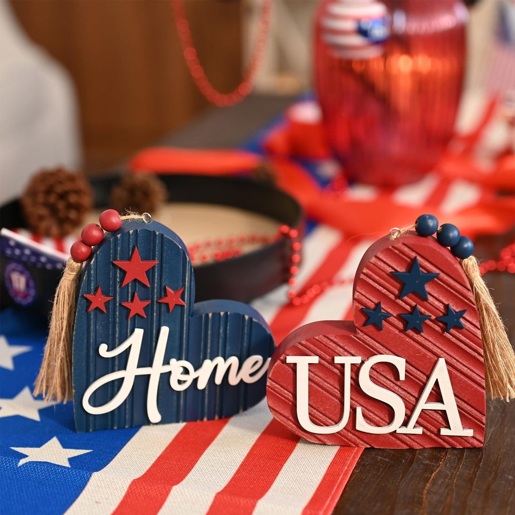 Fourth of July USA Home Heart Wooden Decor Set