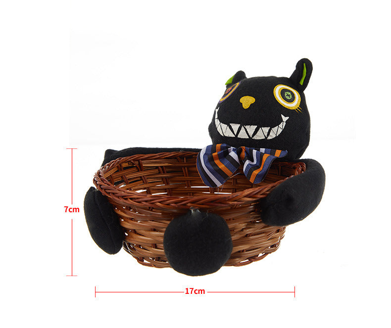 Halloween Wicker Treat Basket with Spooky Plush Decor