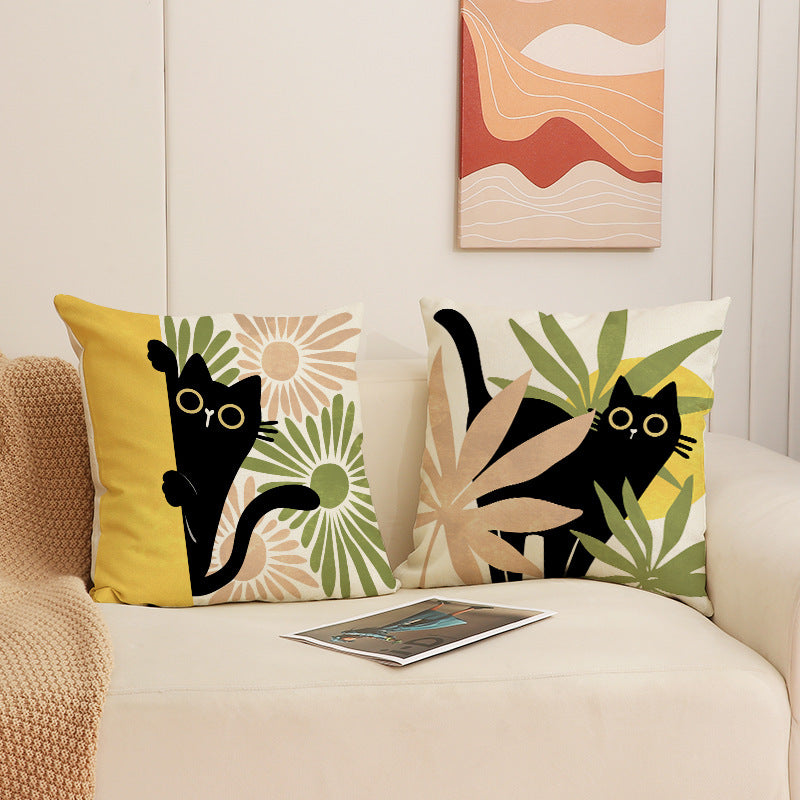Nordic Black Cat Throw Pillow Cover with Botanical Print