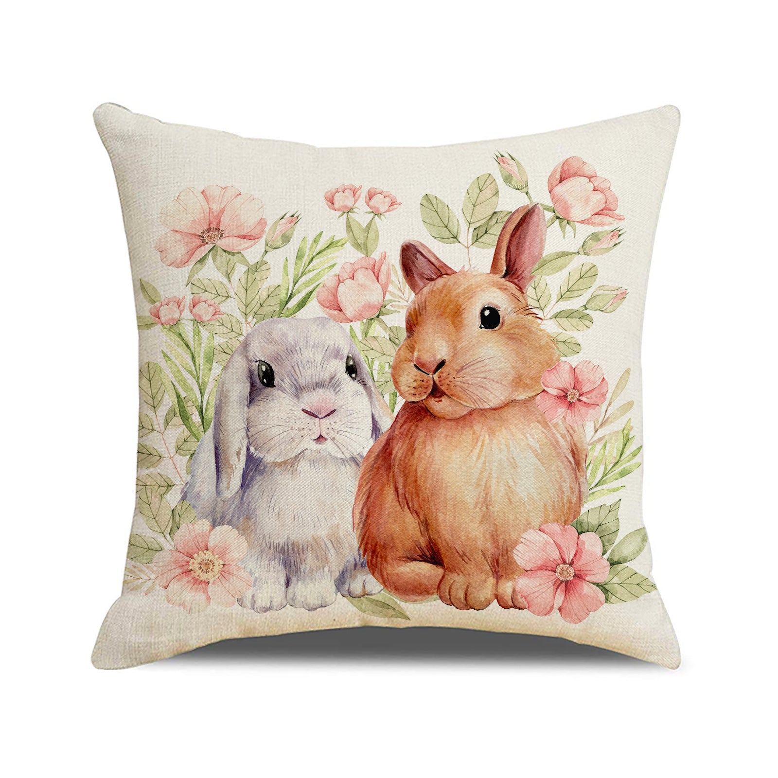 Easter Bunny Floral Linen Throw Pillow Cover 18x18