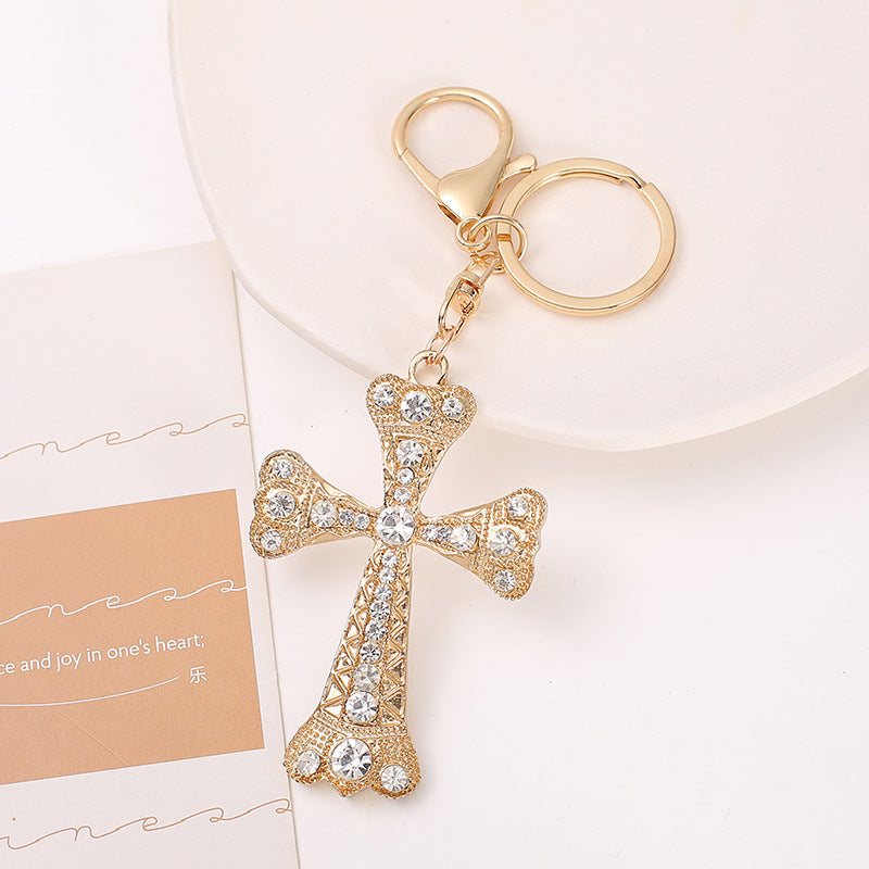 Rhinestone Cross Keychain Metal Bag Charm Car Key Ring Gift