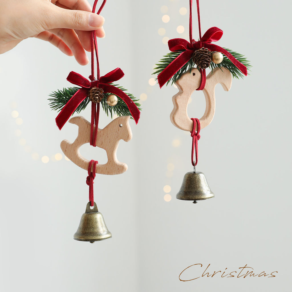 Rustic Wooden Bell Ornament with Pinecone Velvet Bow