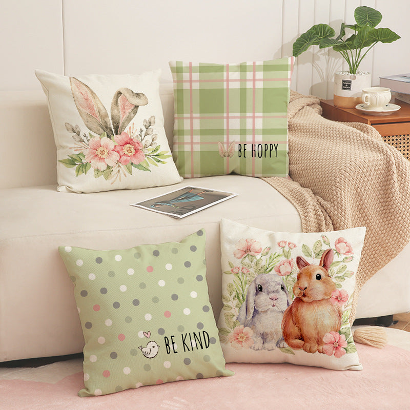 Easter Bunny Floral Linen Throw Pillow Cover 18x18