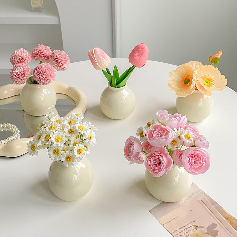 Cream Color Ceramic Vase with Silk Flower Bouquet Home Decor
