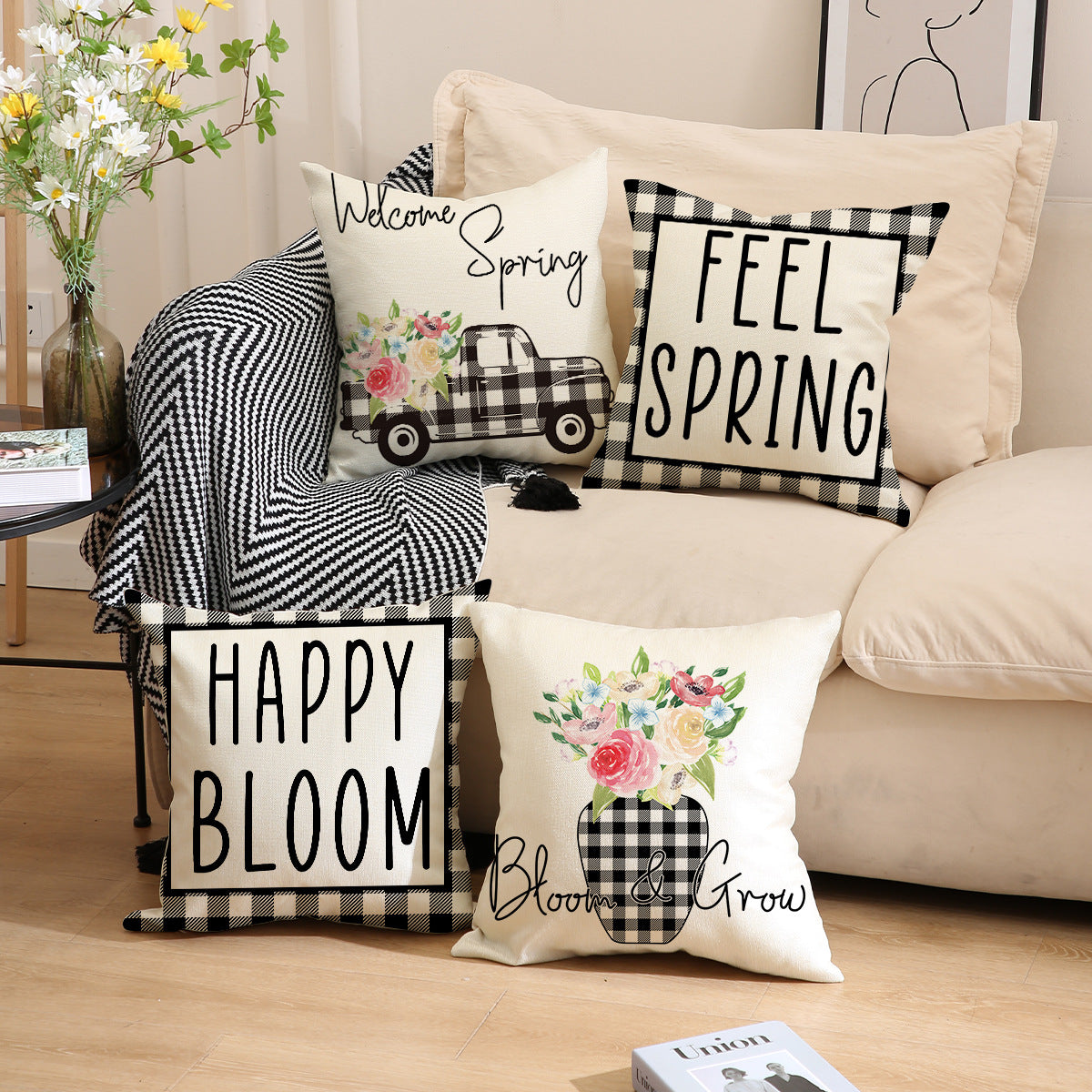 Spring Gingham Flower Pillow Covers – Farmhouse Truck Decor