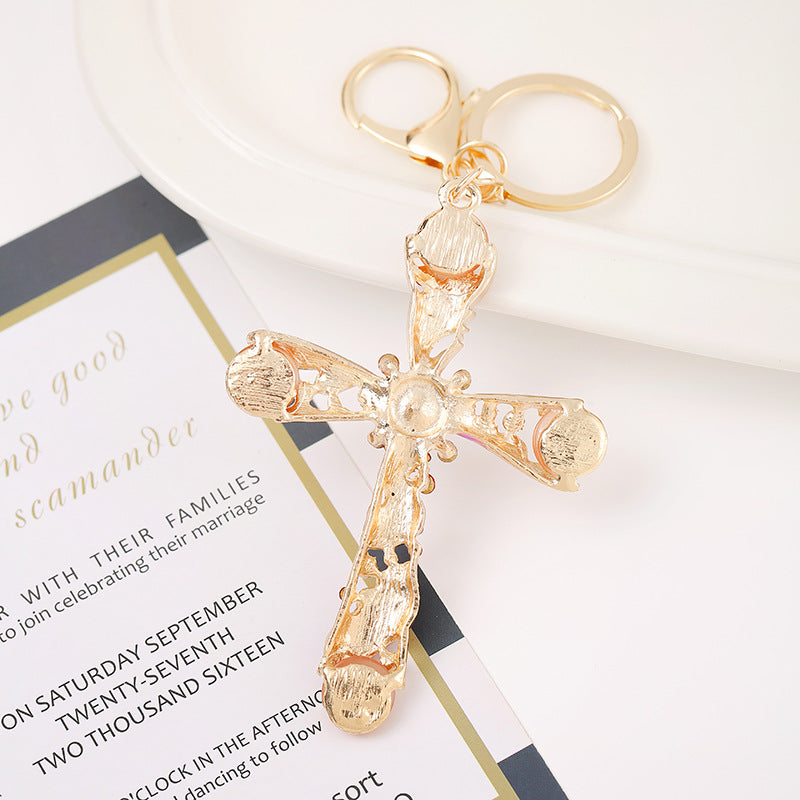 Rhinestone Cross Keychain Metal Bag Charm Car Key Accessory