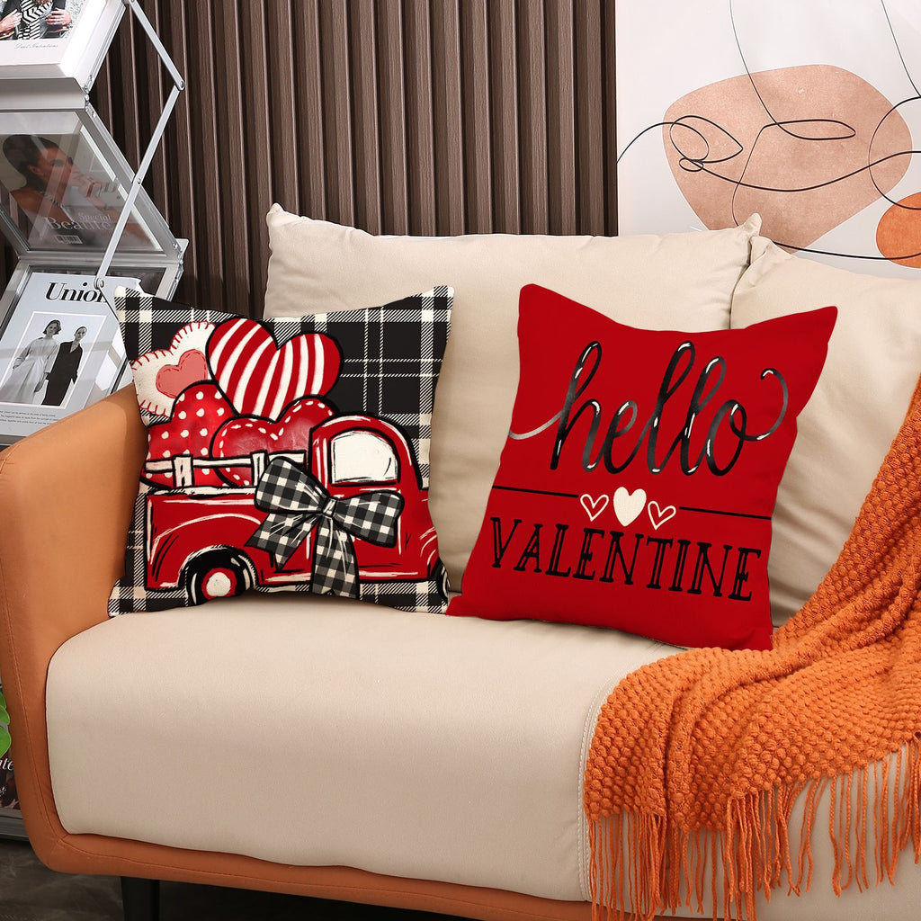 Valentine Plaid Heart Truck Pillow Covers Love Decor Set