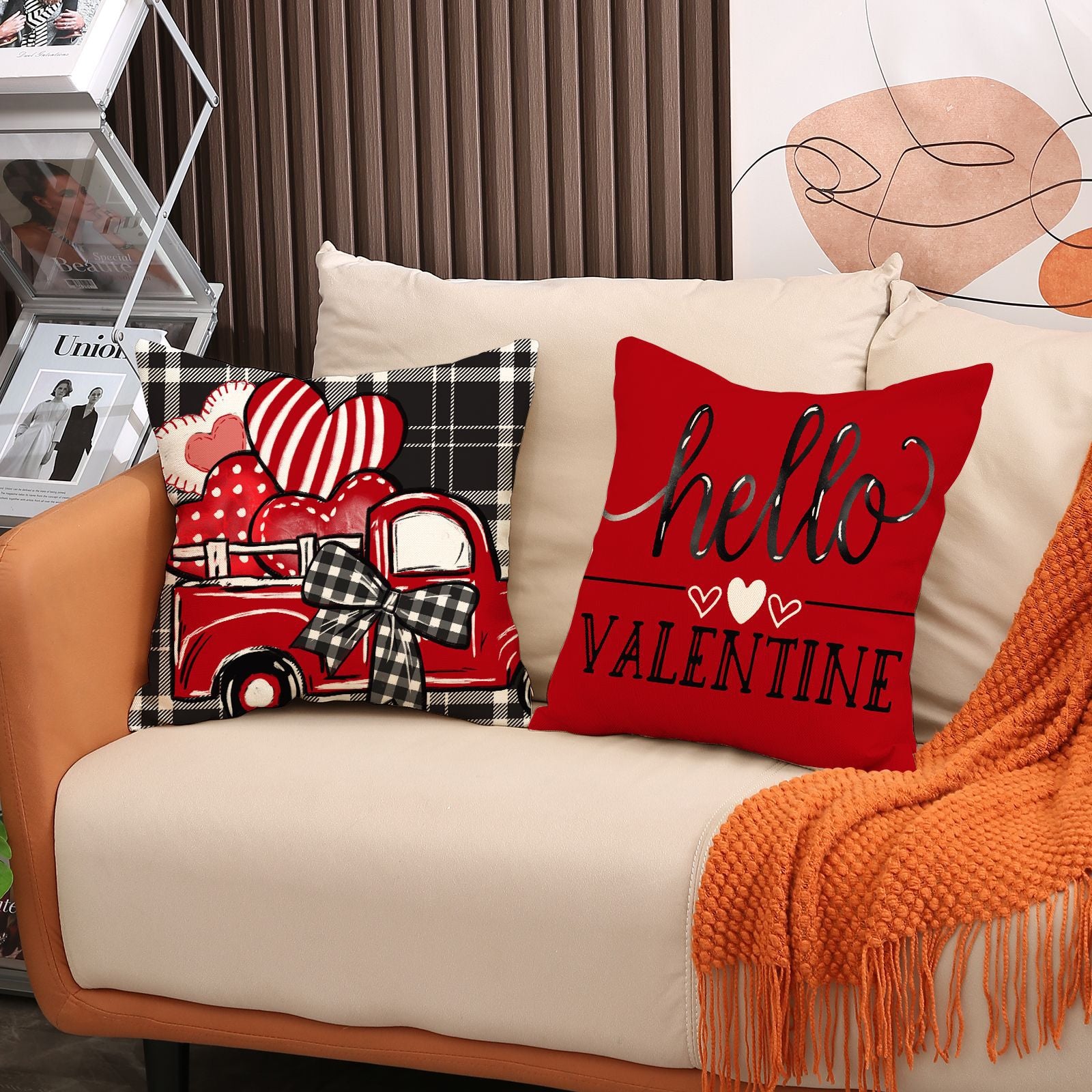 Valentine Plaid Heart Truck Pillow Covers Love Decor Set