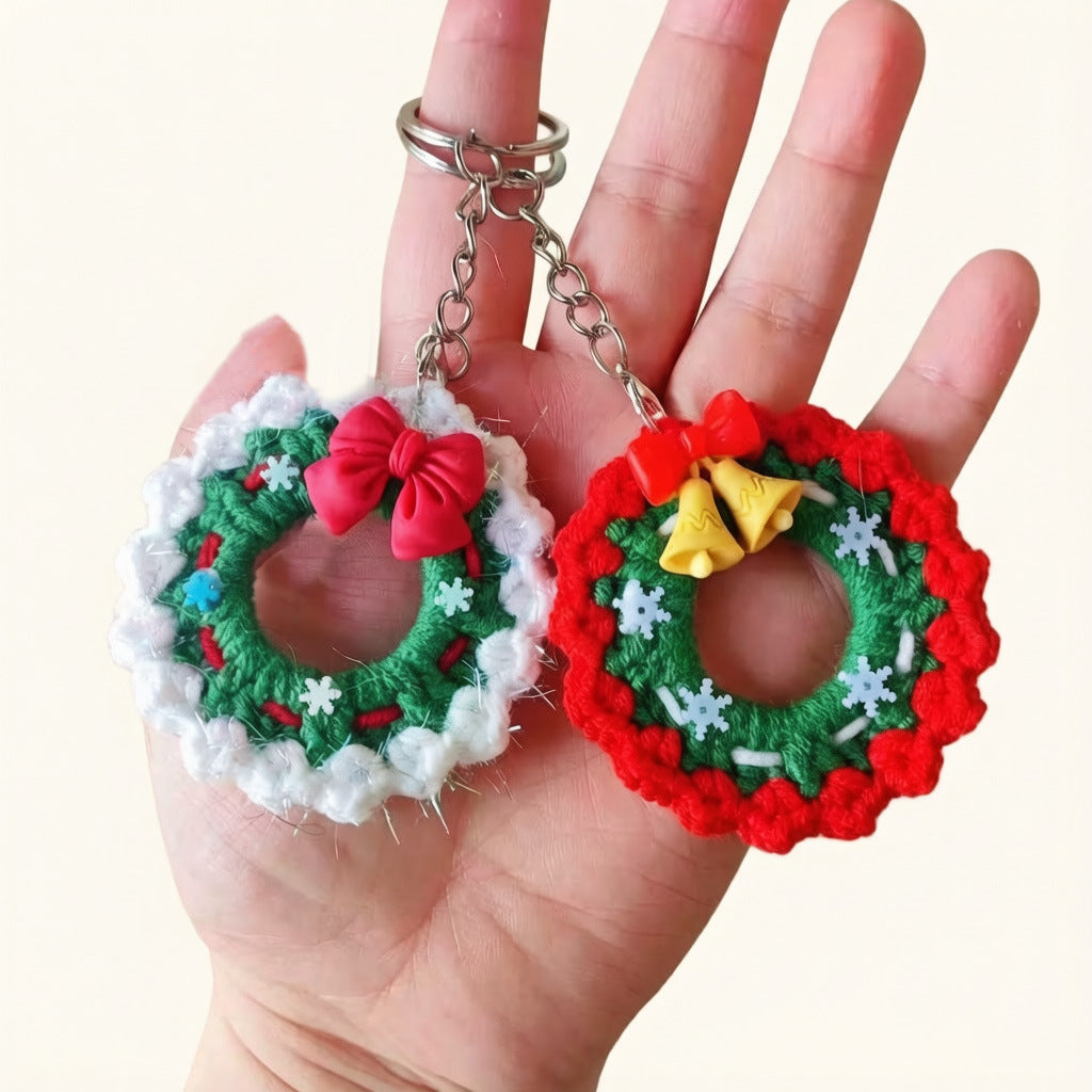 Handmade Knit Christmas Wreath Keychain Decor