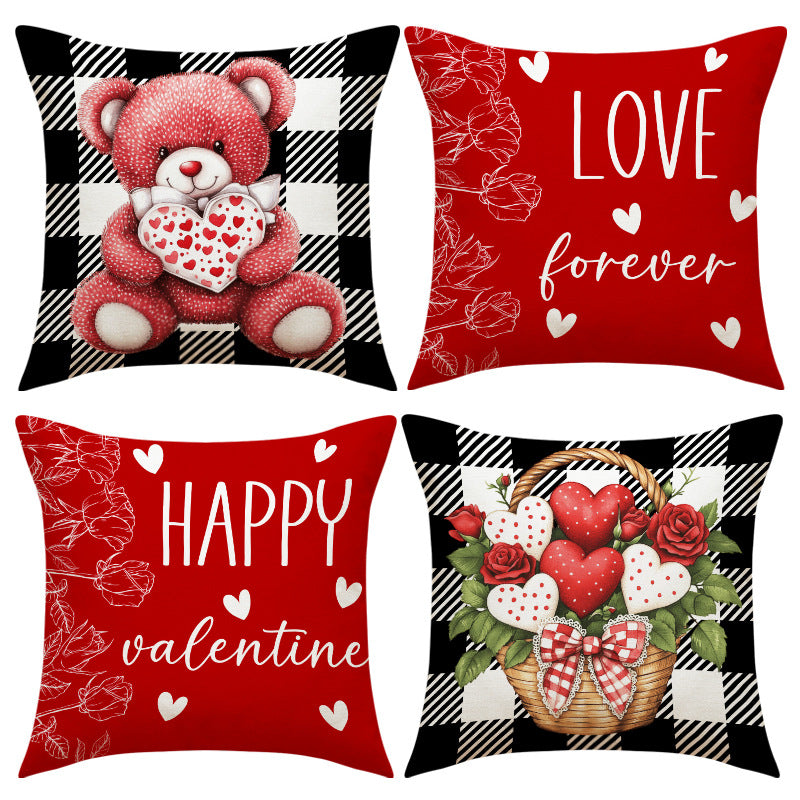 Valentine Plaid Bear Heart Basket Pillow Cover Set