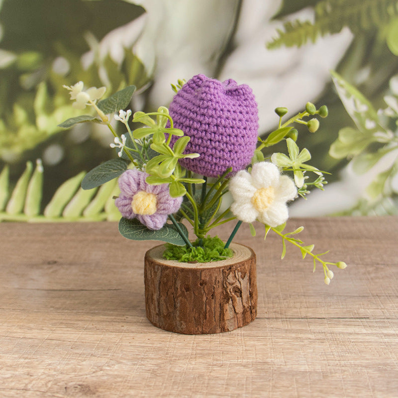 Crochet Tulip Flower Pot Handmade Wooden Base Decor