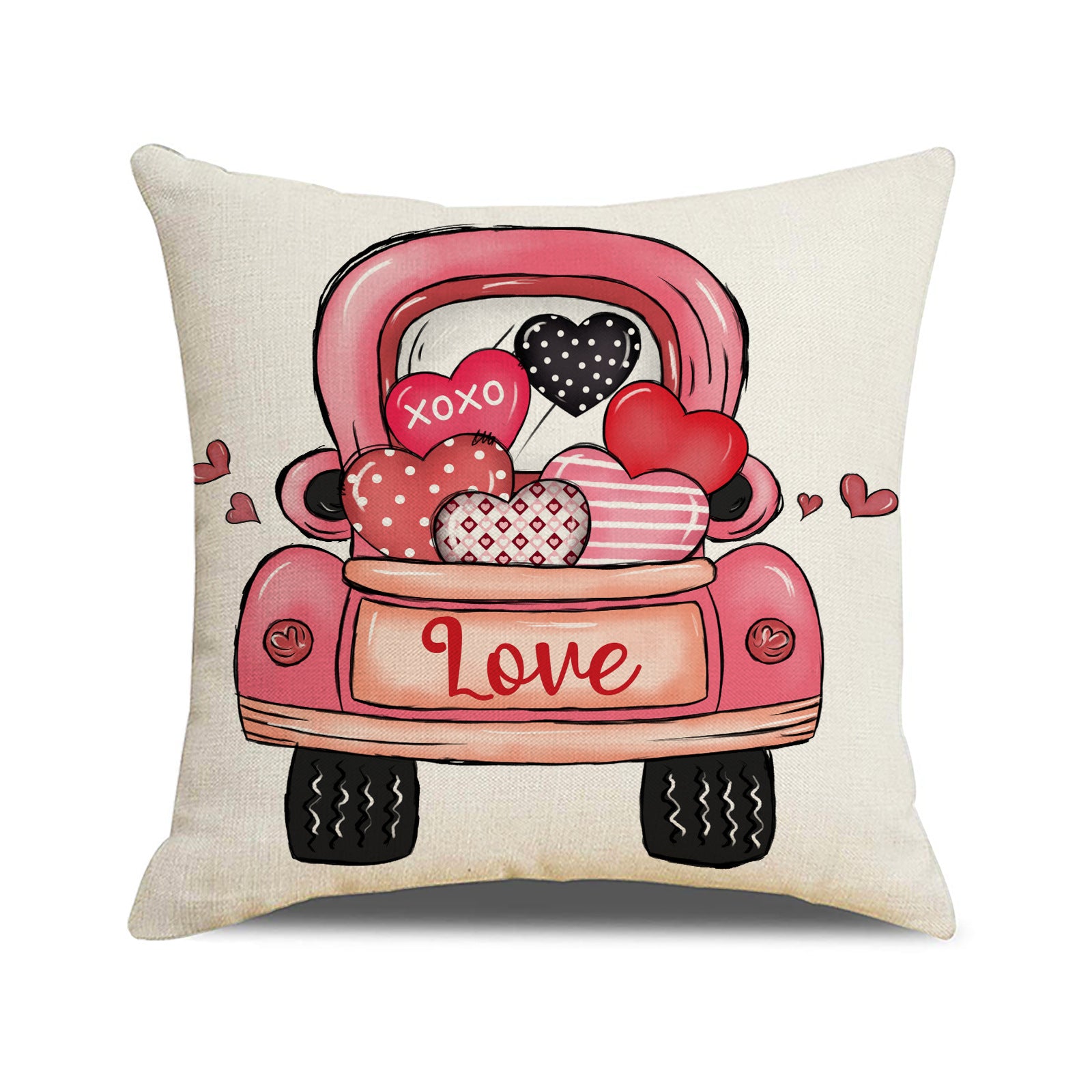 Pink Valentine Heart Print Linen Throw Pillow Covers Set