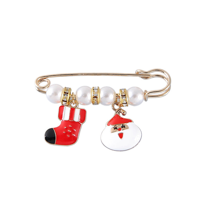 Christmas Pearl Safety Pin Brooch Holiday Jewelry