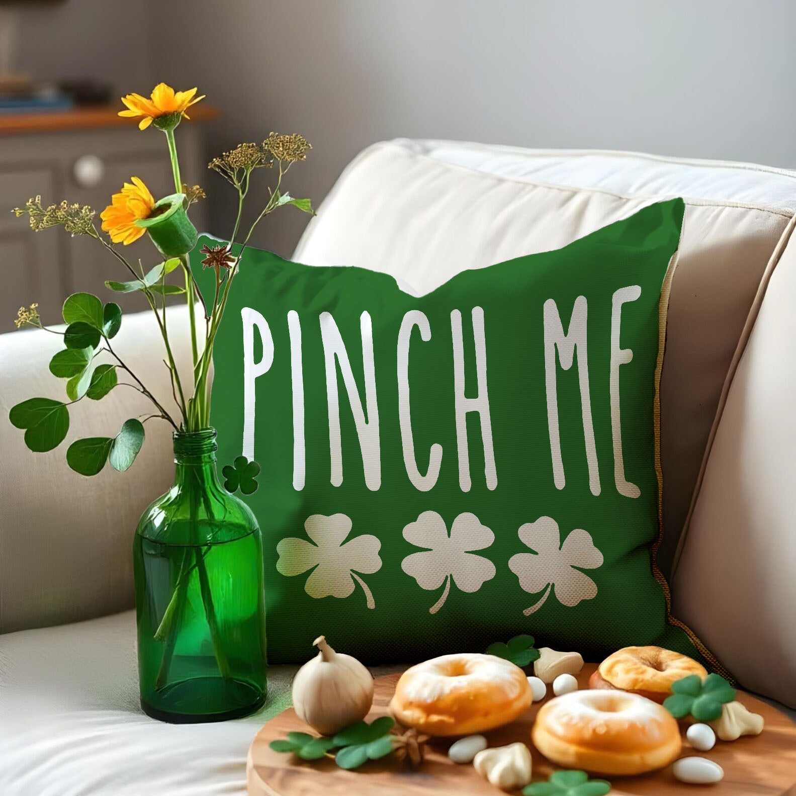 St. Patrick’s Day Clover Linen Throw Pillow Cover 18x18