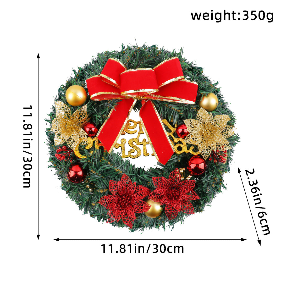 Christmas Wreath with Red Bow and Ornaments Door Decor