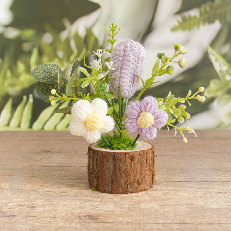 Crochet Tulip Flower Pot Handmade Wooden Base Decor