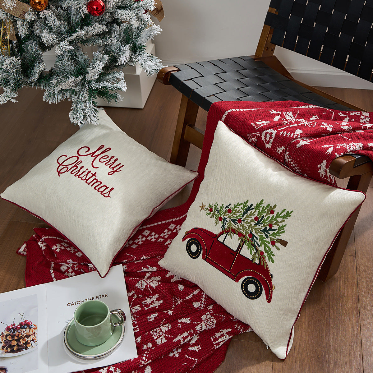 Christmas Embroidered Pillow Covers Snowflake Truck 18x18 in