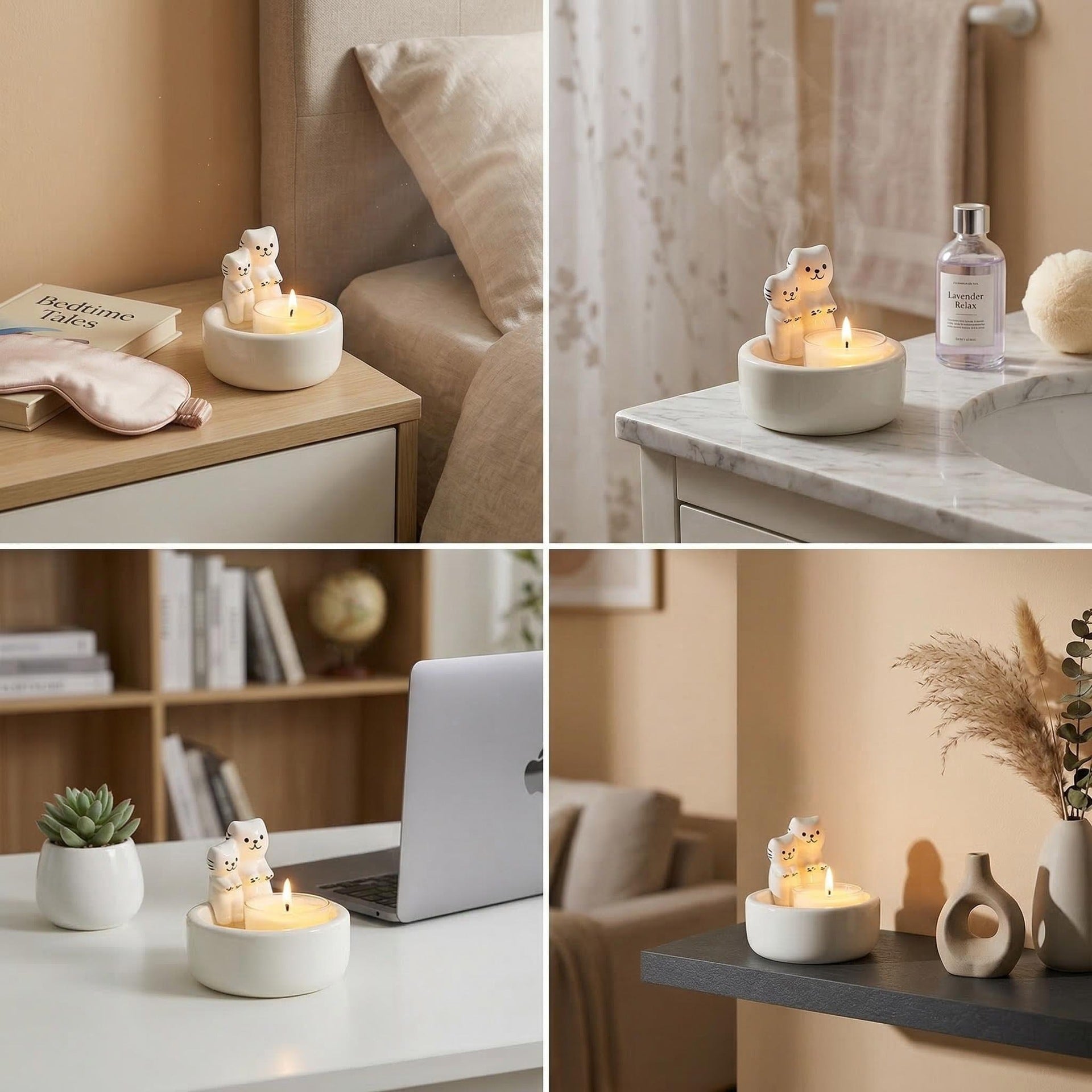 Cute Couple Cats Candle Holder Ceramic Tabletop Decor