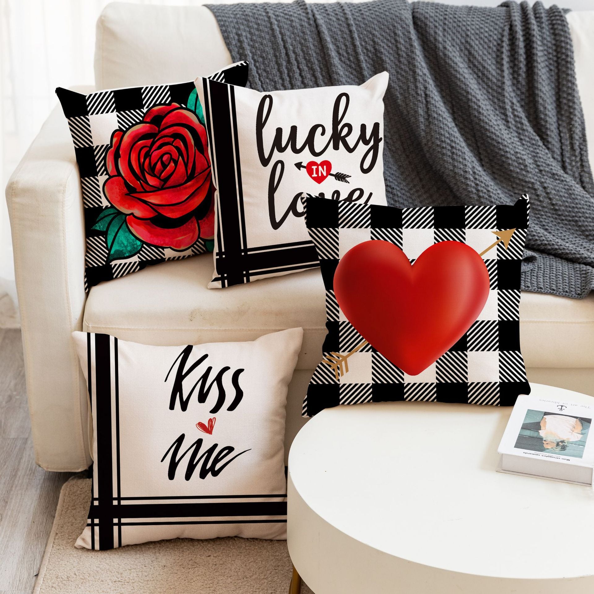 Valentine Love Pillow Covers Red Heart Plaid Home Decor