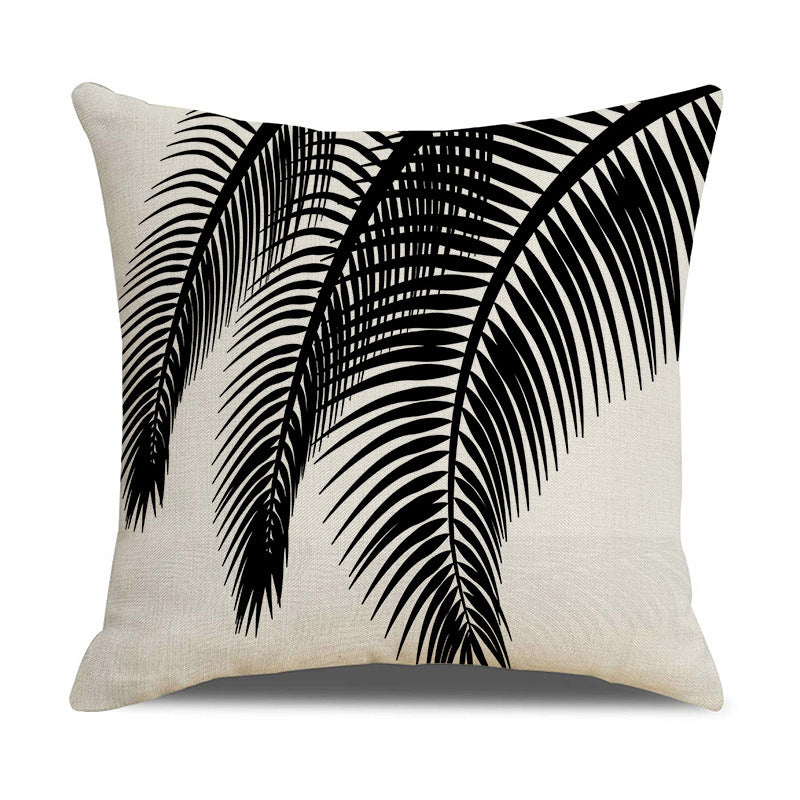 Modern Black White Linen Throw Pillow Cover Botanical Leaf