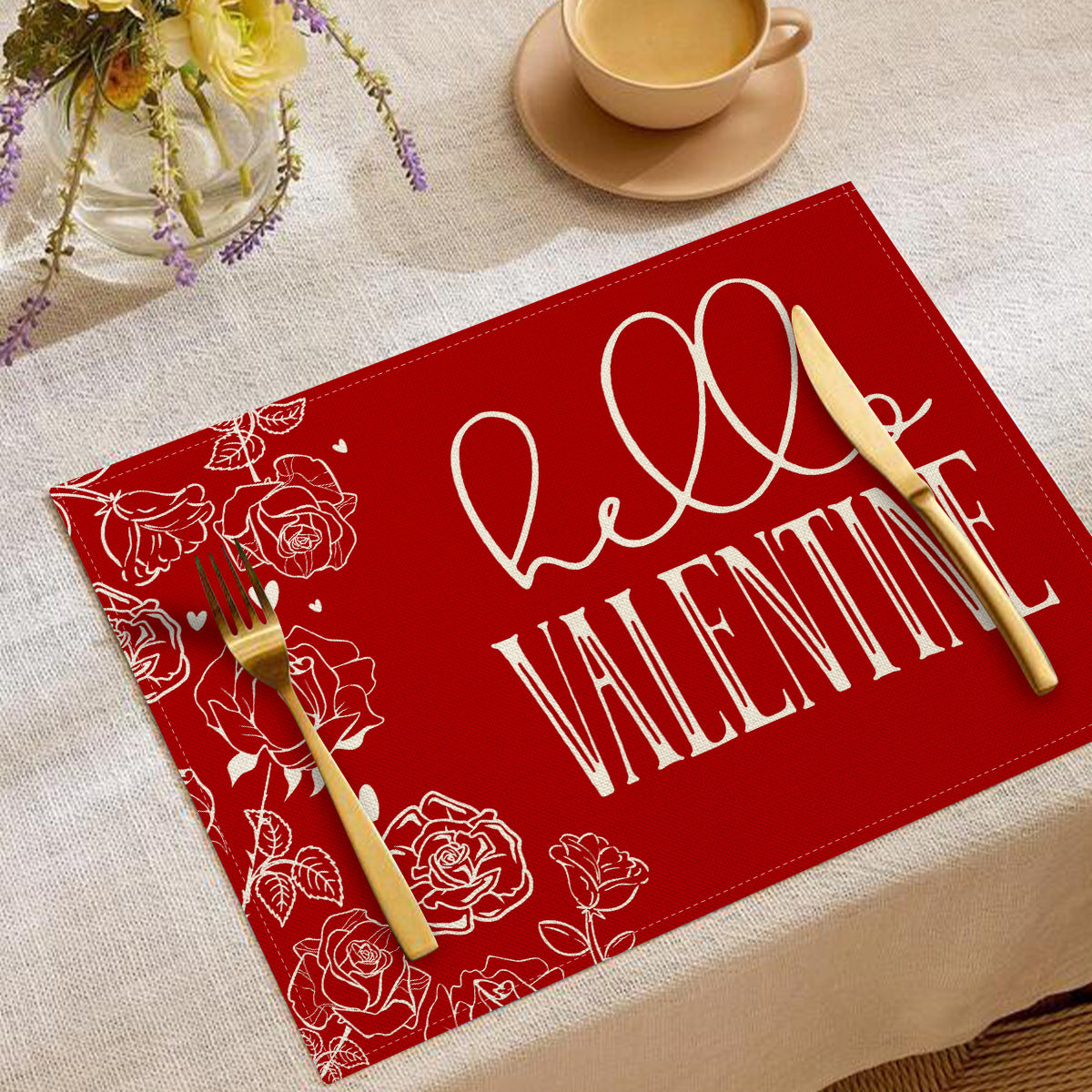 Valentine’s Day Red Heart Linen Placemat Table Setting Decor