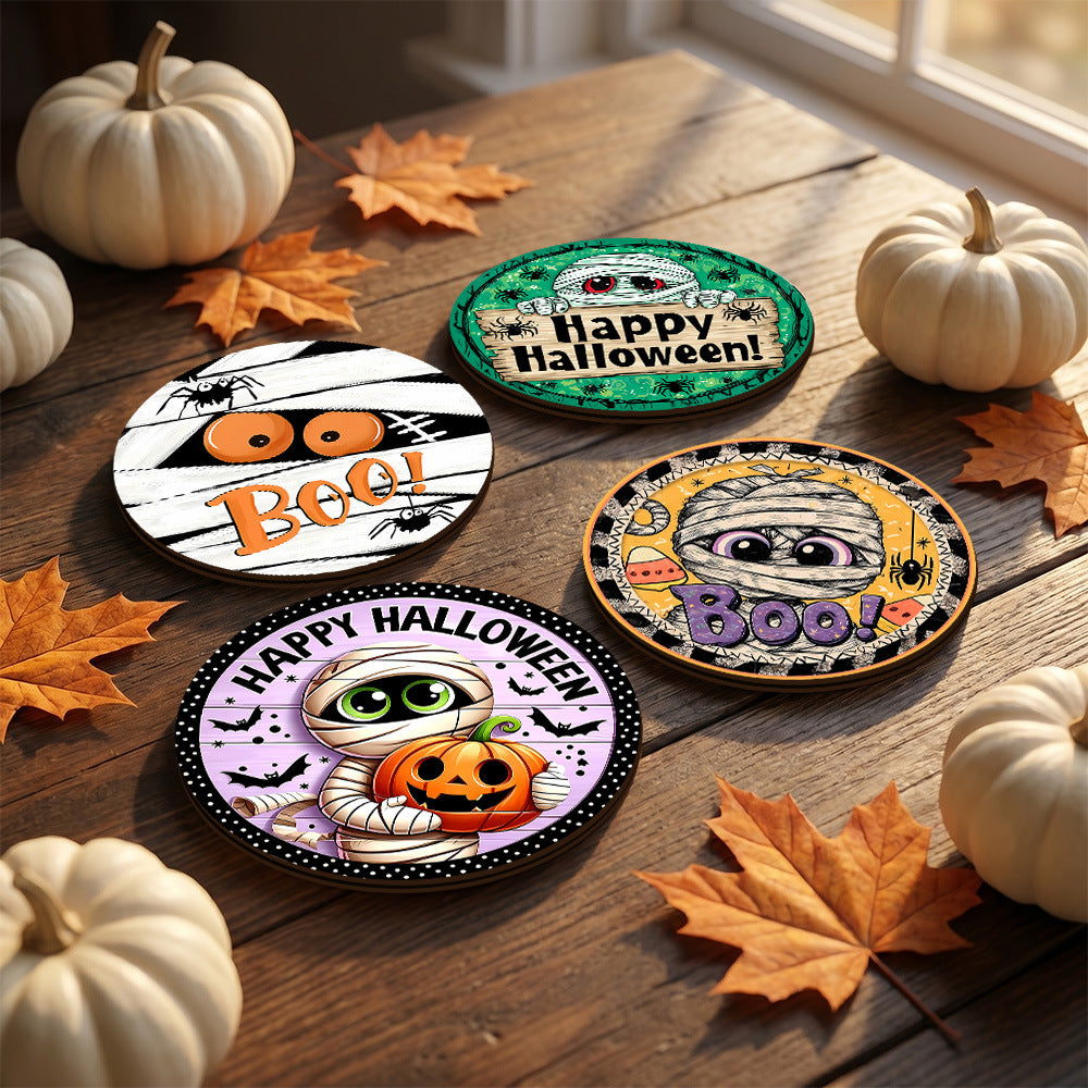 Wooden Halloween Coaster Set Seasonal Table Decor