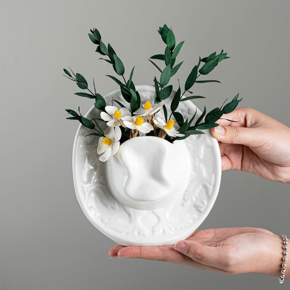 Cowboy Hat Face Ceramic Vase Decorative Flower Arrangement