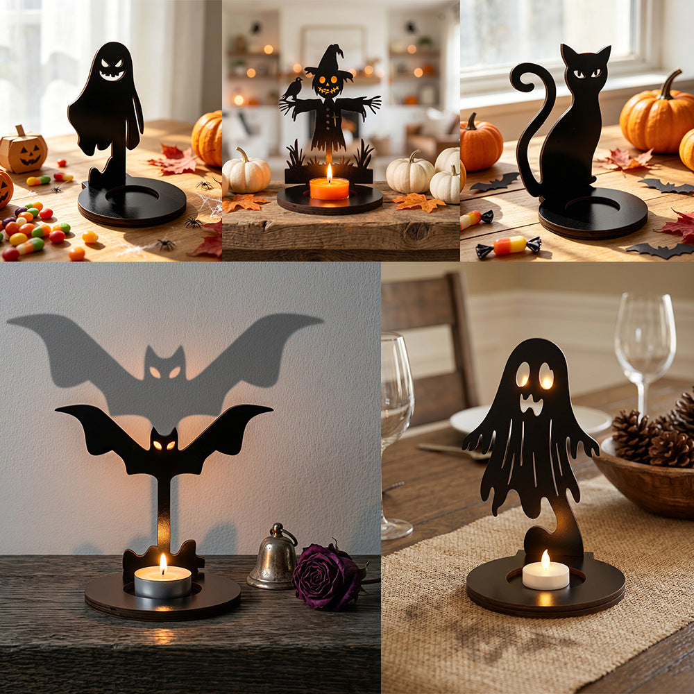 Spooky Halloween Wooden Candle Holder Tabletop Decor