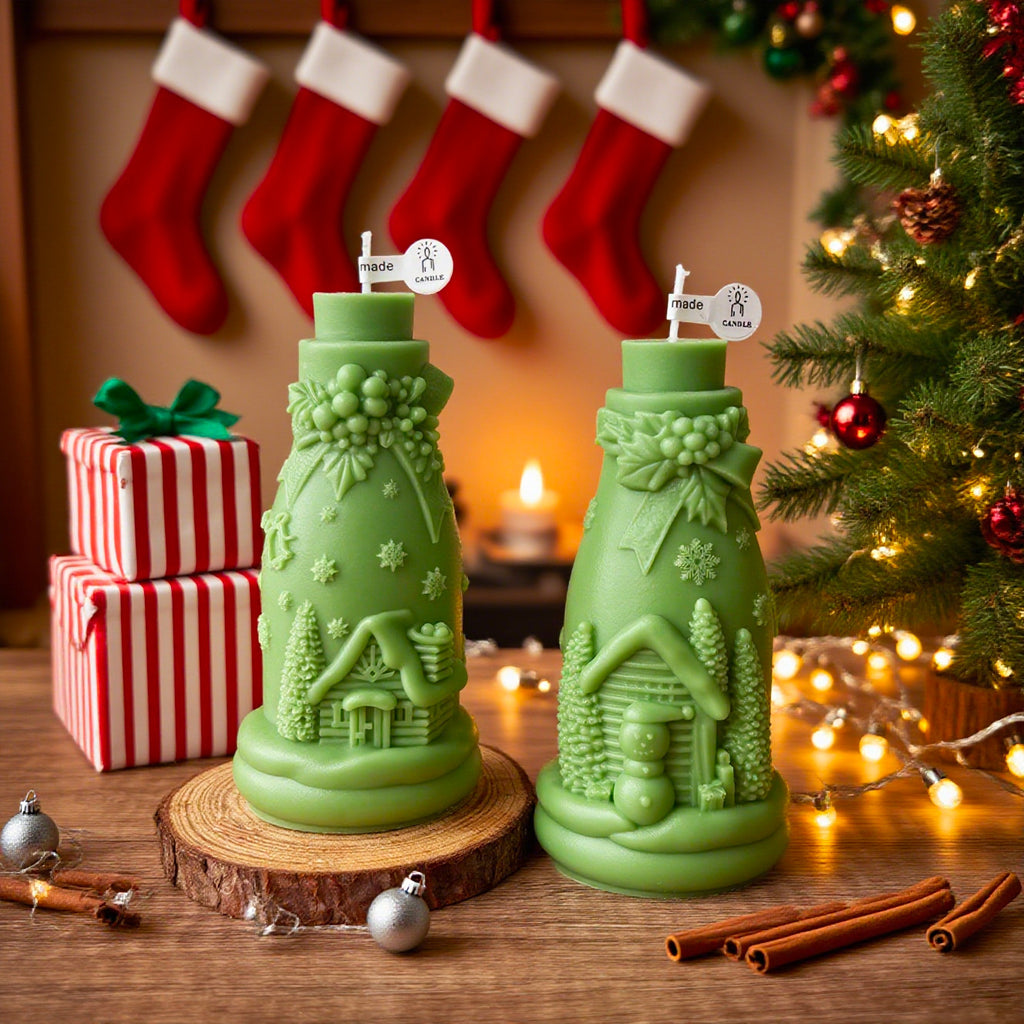 Christmas Bottle Candle Holiday Decor 3D Embossed Tabletop Accent