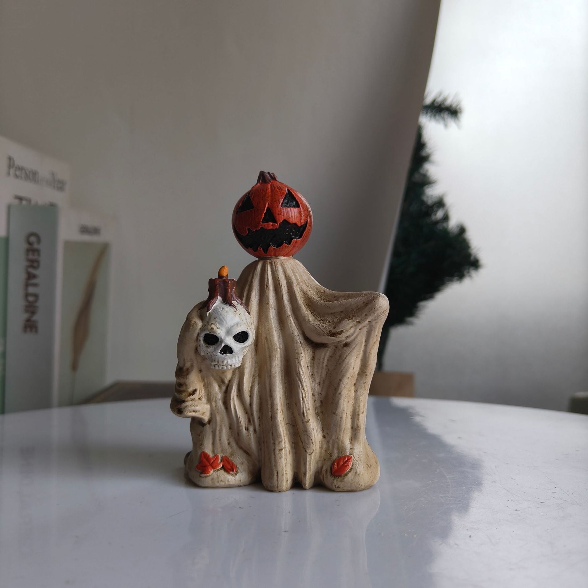 Halloween Pumpkin Skeleton Figurine Spooky Tabletop Decor
