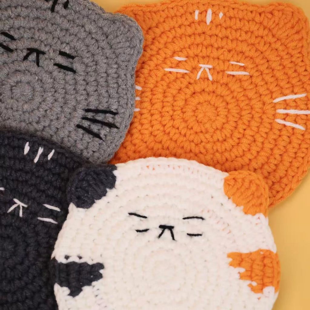 Cute Handmade Crochet Cat Coaster Round Drink Mat