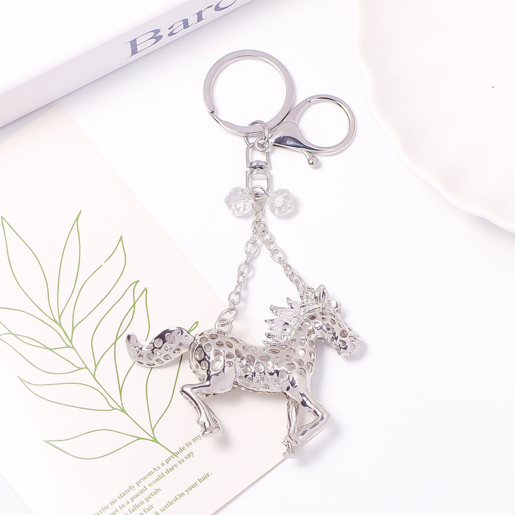Rhinestone Horse Keychain Silver Animal Charm Metal Key Ring