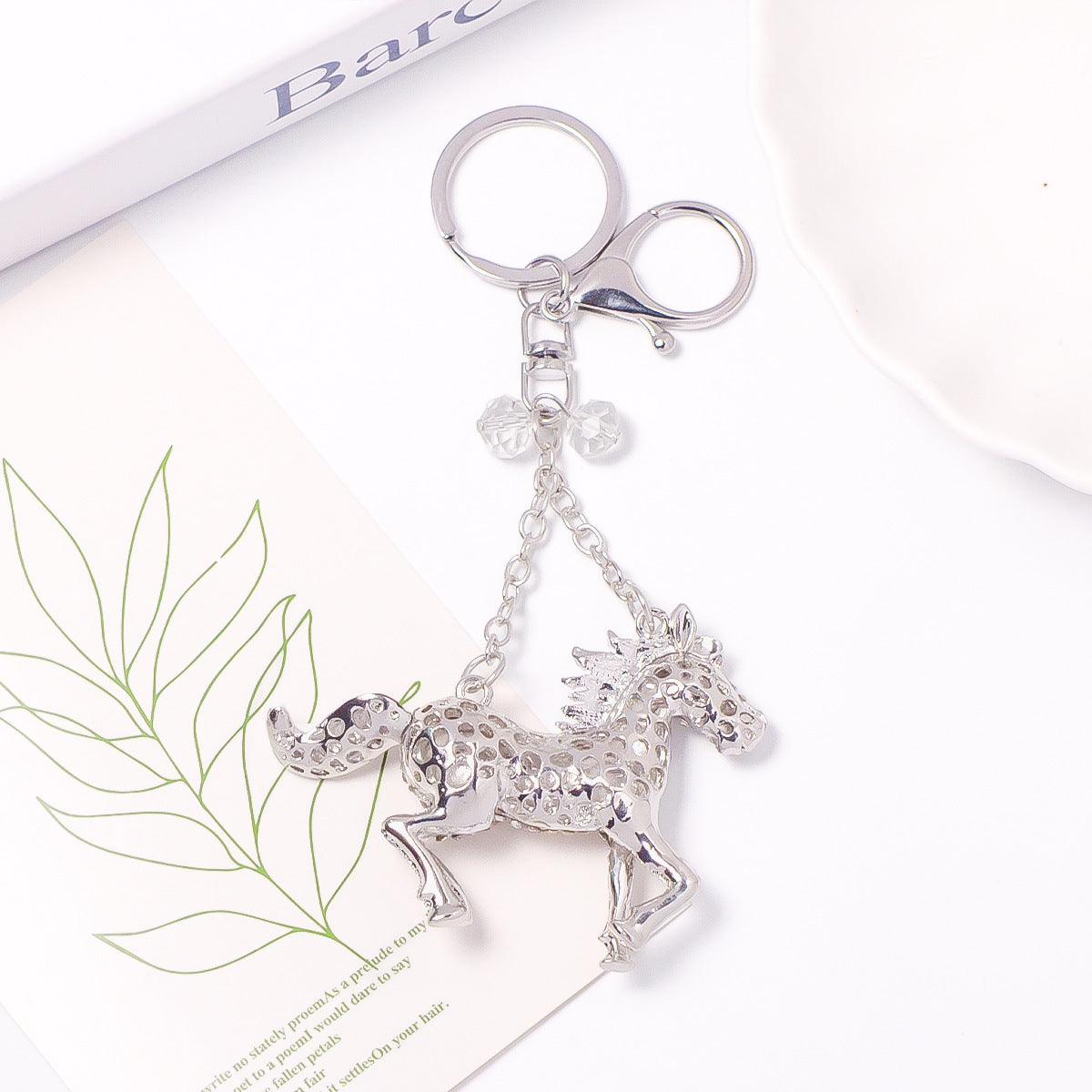 Rhinestone Horse Keychain Silver Animal Charm Metal Key Ring