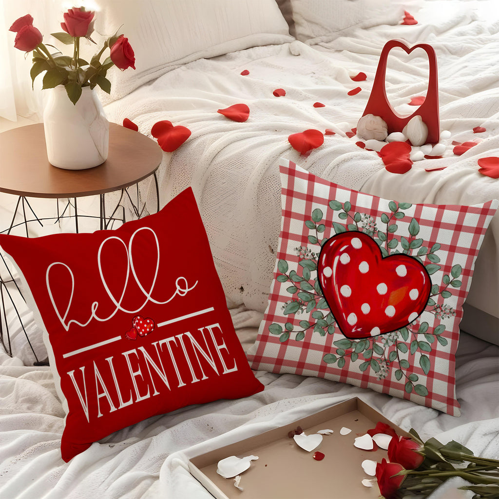 Valentine Gingham Heart Print Linen Pillow Cover Set