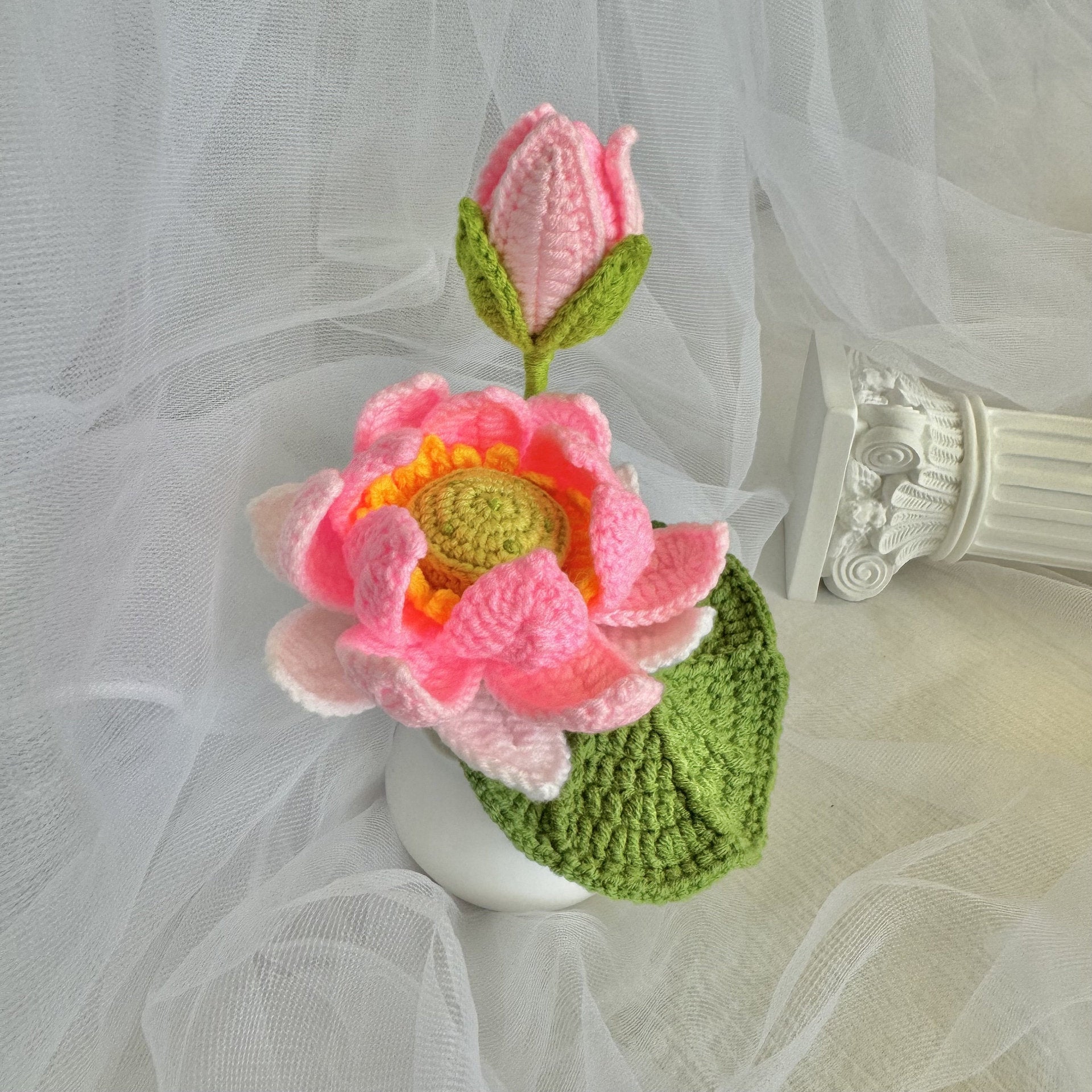 Crochet Lotus Flower Potted Plant Handmade Table Decor