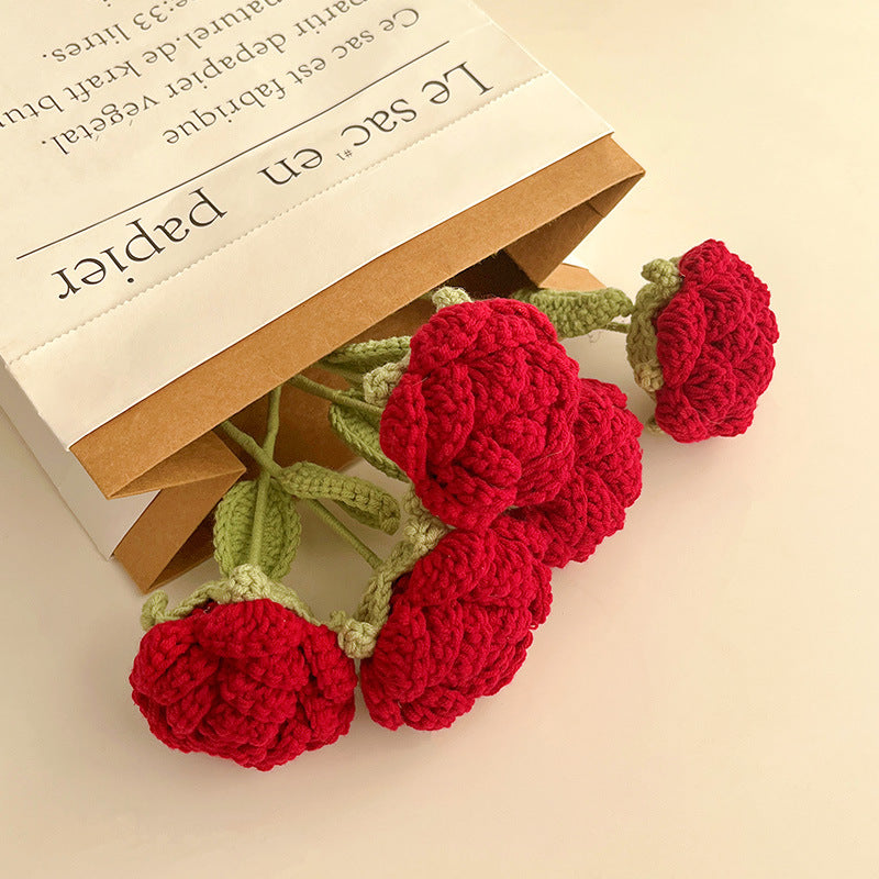 Valentine Crochet Rose Flower Handmade Yarn Stem Gift
