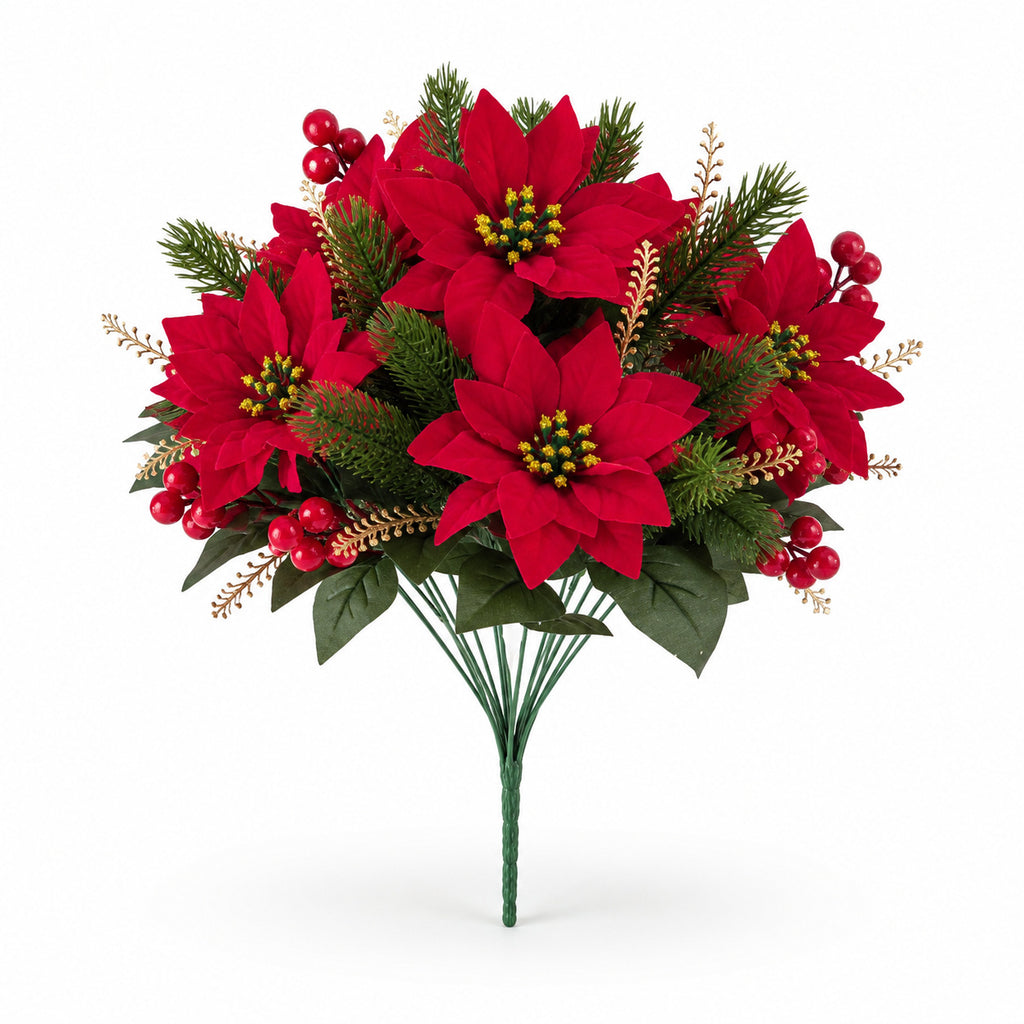 Artificial Poinsettia Christmas Flower Arrangement with Pine Berry Accents