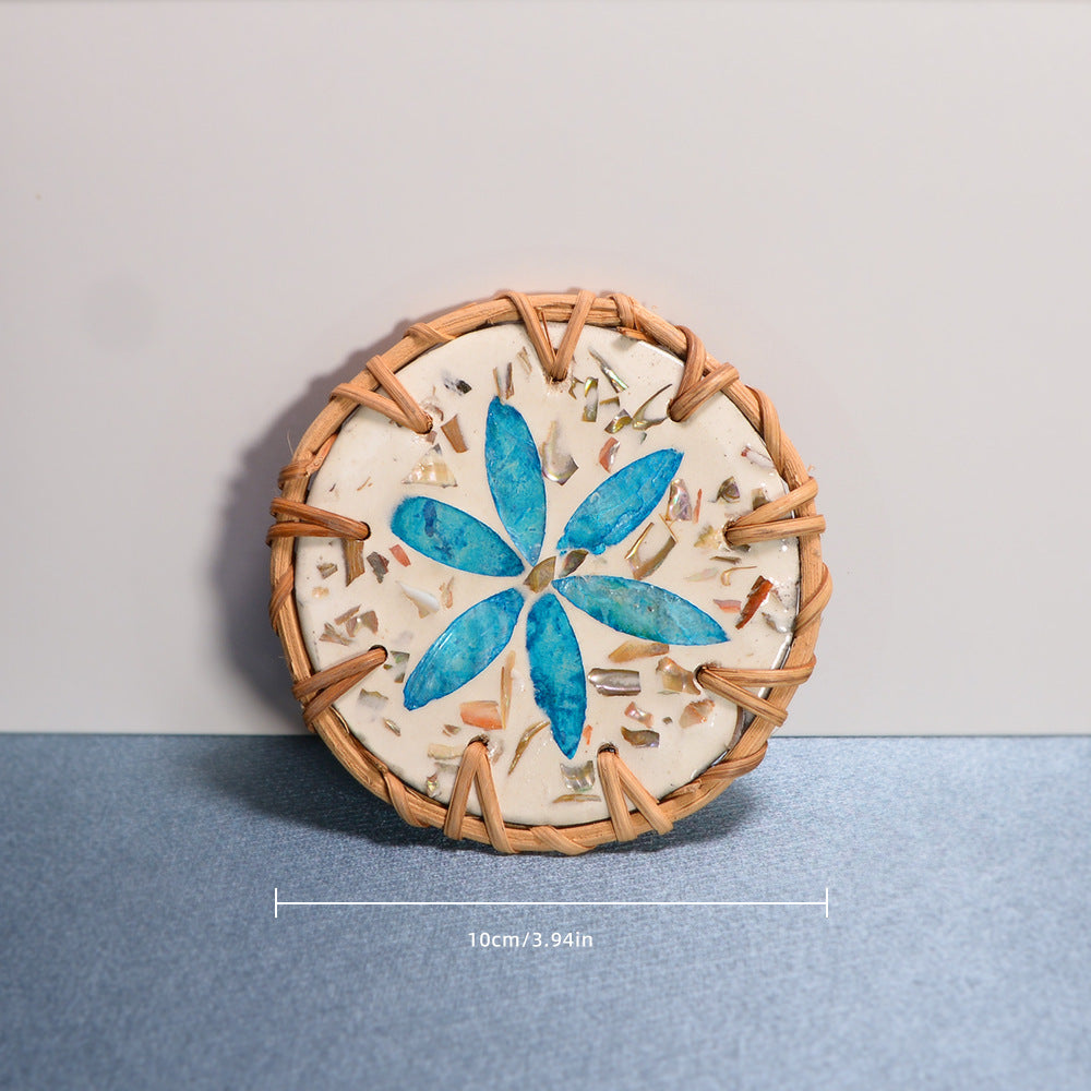 Shell Mosaic Drink Coaster Round Woven Rattan Cup Mat