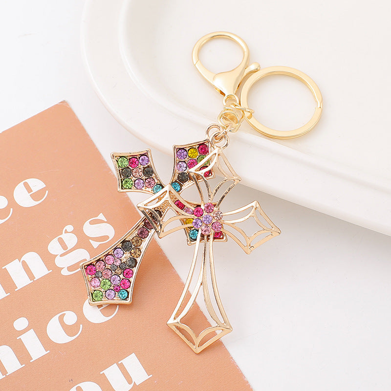 Rhinestone Double Cross Keychain Metal Bag & Car Charm