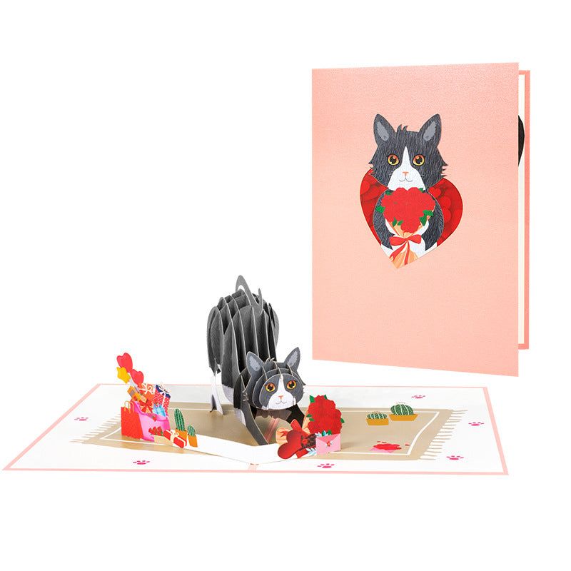 Valentines 3D Pop Up Cat Greeting Card Rose Handmade Gift