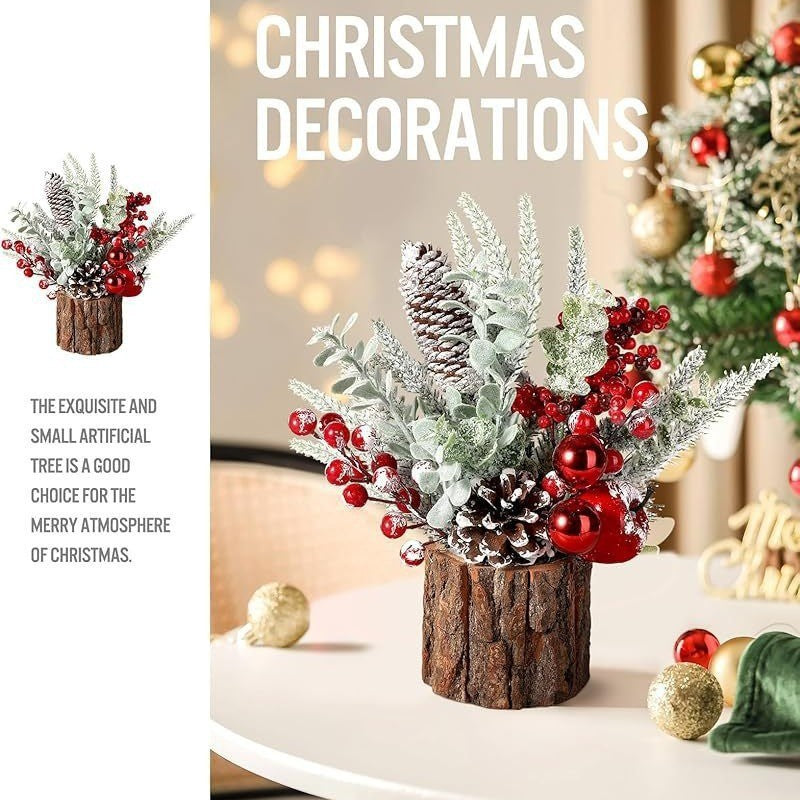 Christmas Tabletop Decor with PE Greenery and Rustic Wood Slice Base