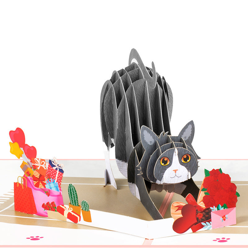Valentines 3D Pop Up Cat Greeting Card Rose Handmade Gift