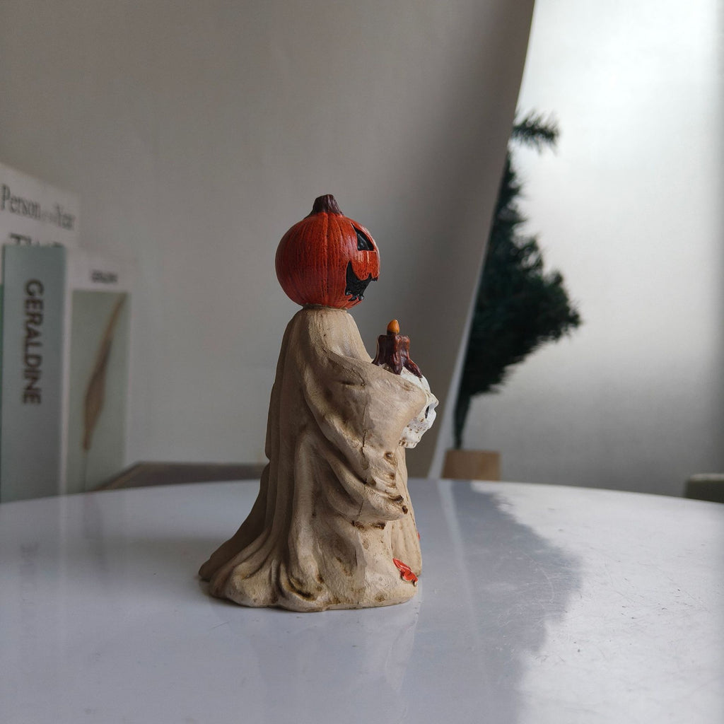 Halloween Pumpkin Skeleton Figurine Spooky Tabletop Decor