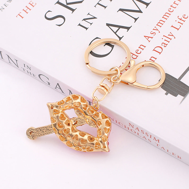 Rhinestone Lips Keychain Gold Tone Bag Charm Gift