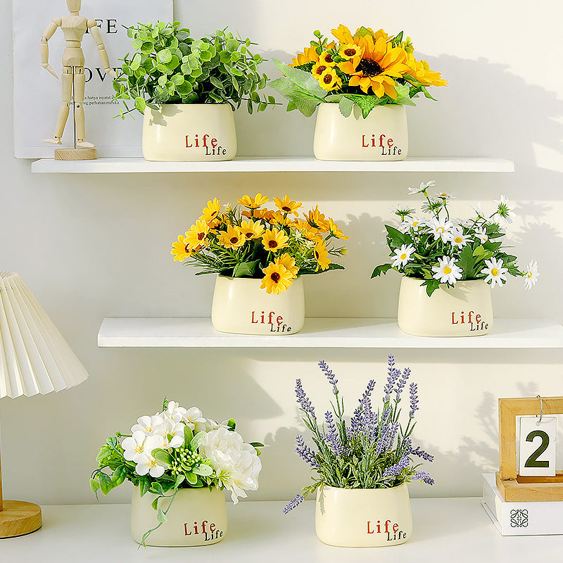 Faux Flower Pot Arrangement Ceramic Planter Decor