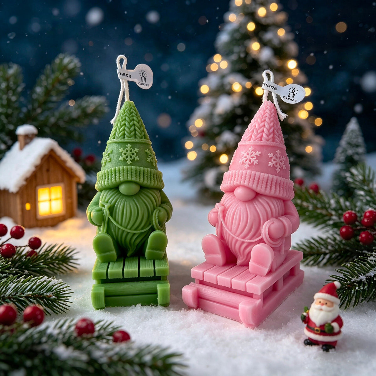 Skiing Gnome Christmas Candle Holiday Decor Festive Tabletop Accent